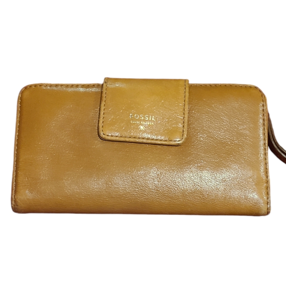 Vintage Fossil Soft Leather Wallet Tan Snap Zip 13 Card Slots 7" X 4"